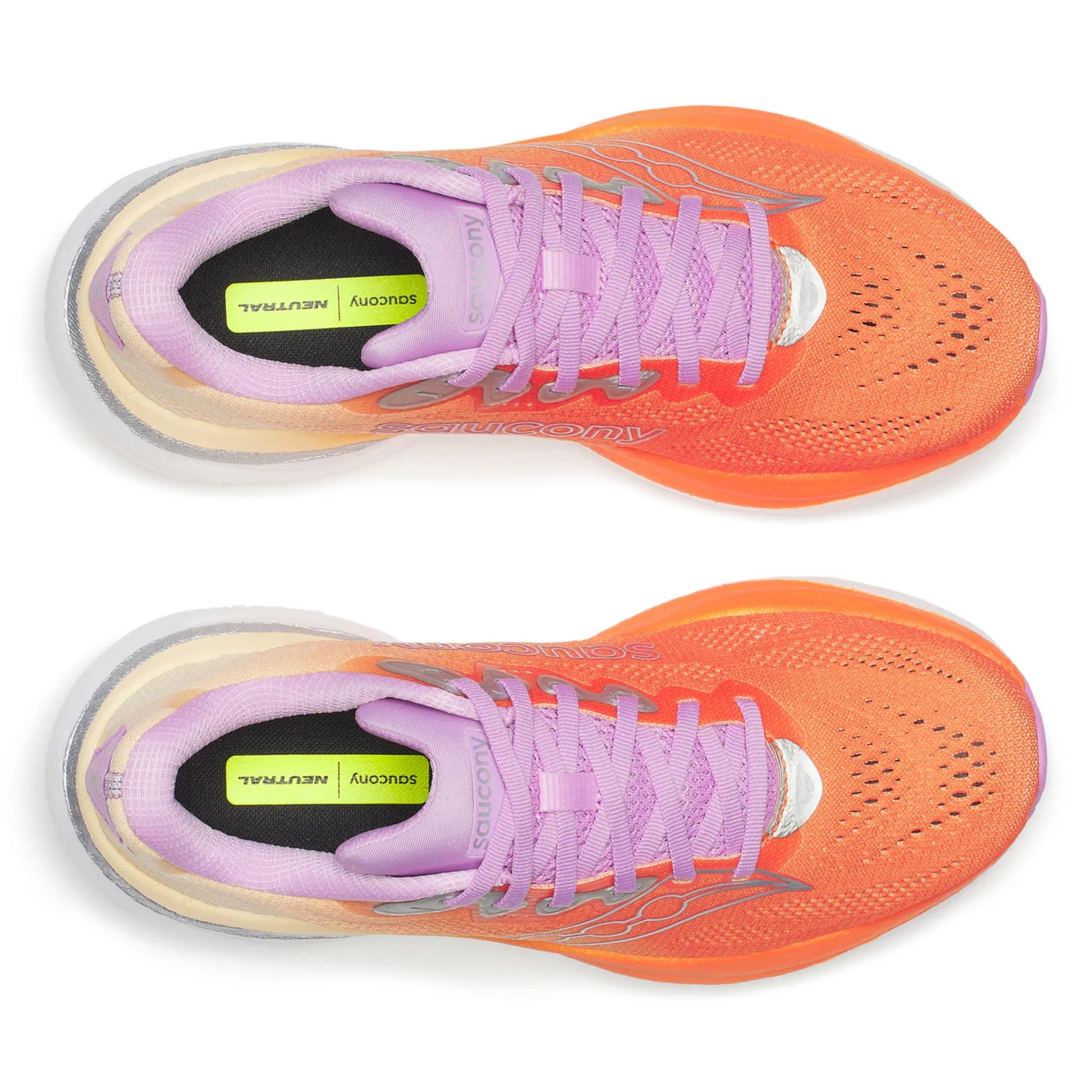 Pair of orange and purple Saucony  running shoes on a white background