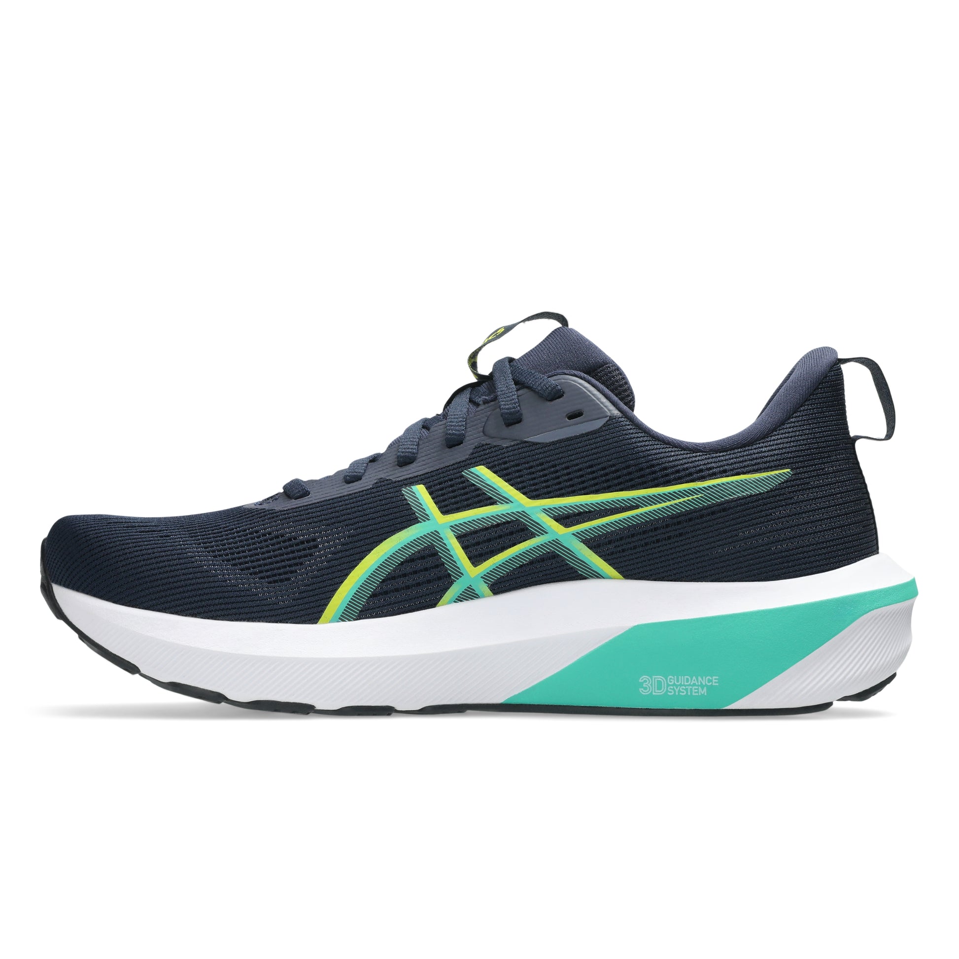 Navy running shoe with green and white accents on a white background