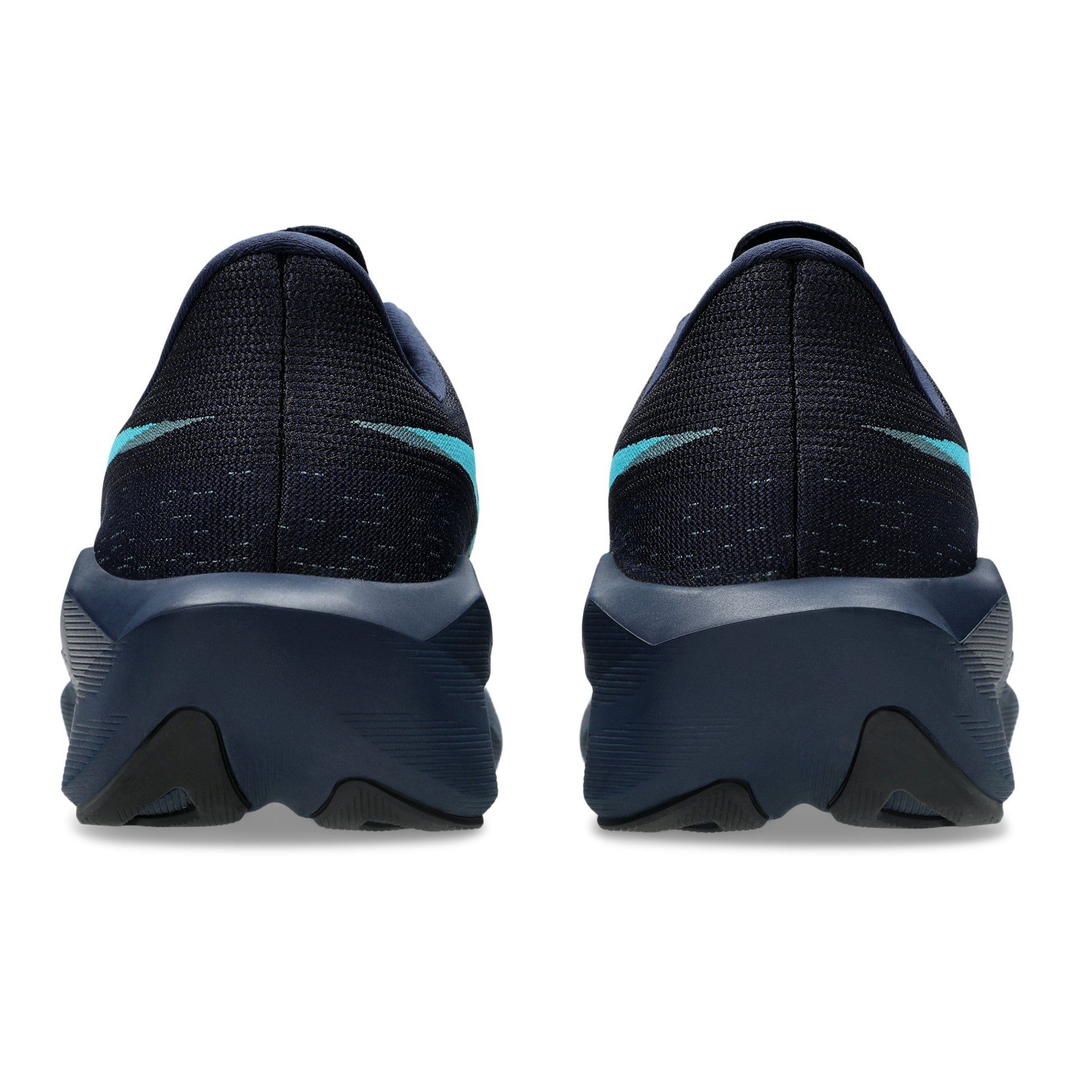 A pair of Asics running shoes shown from the back, featuring a dark navy blue knit upper with a bright teal swoosh and a thick dark navy cushioned sole.