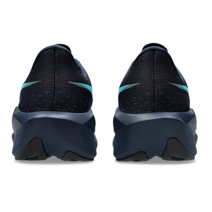 A pair of Asics running shoes shown from the back, featuring a dark navy blue knit upper with a bright teal swoosh and a thick dark navy cushioned sole.