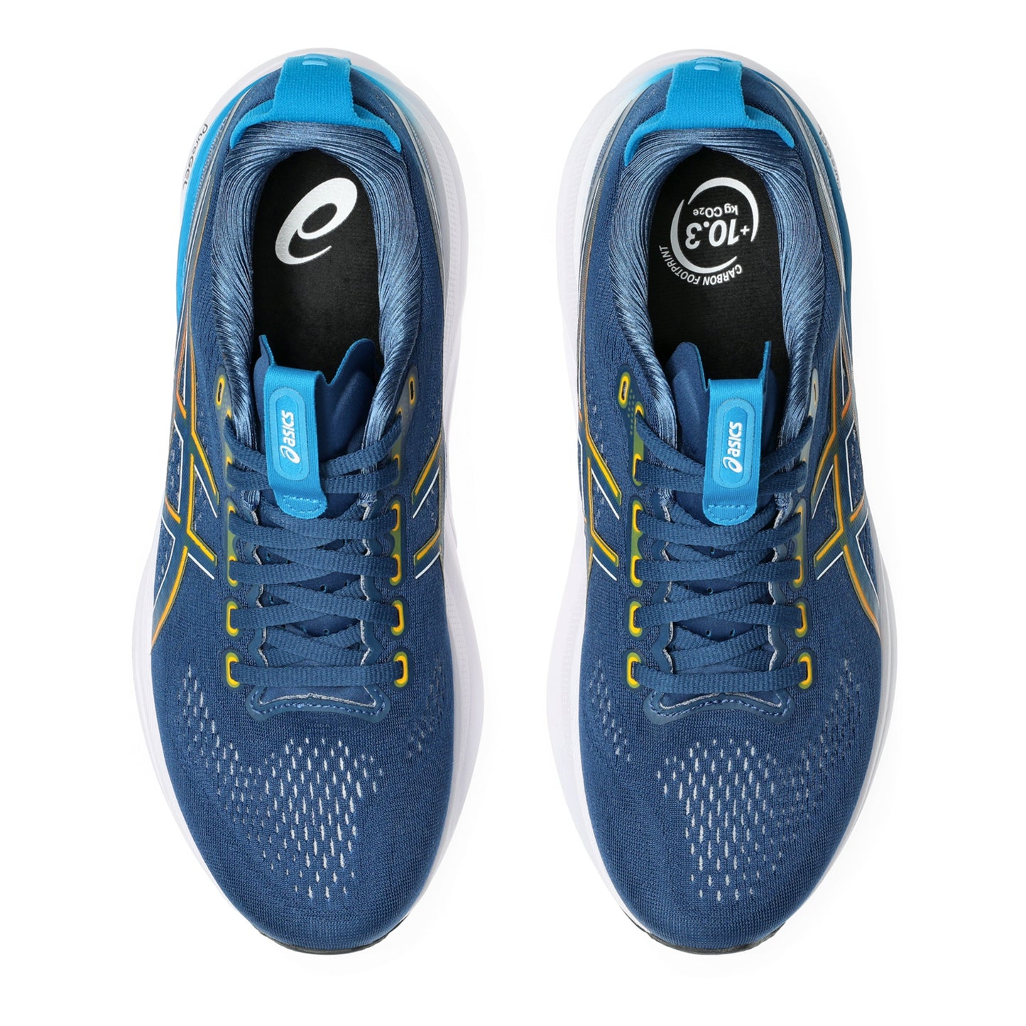 Blue running shoes with yellow accents on a white background