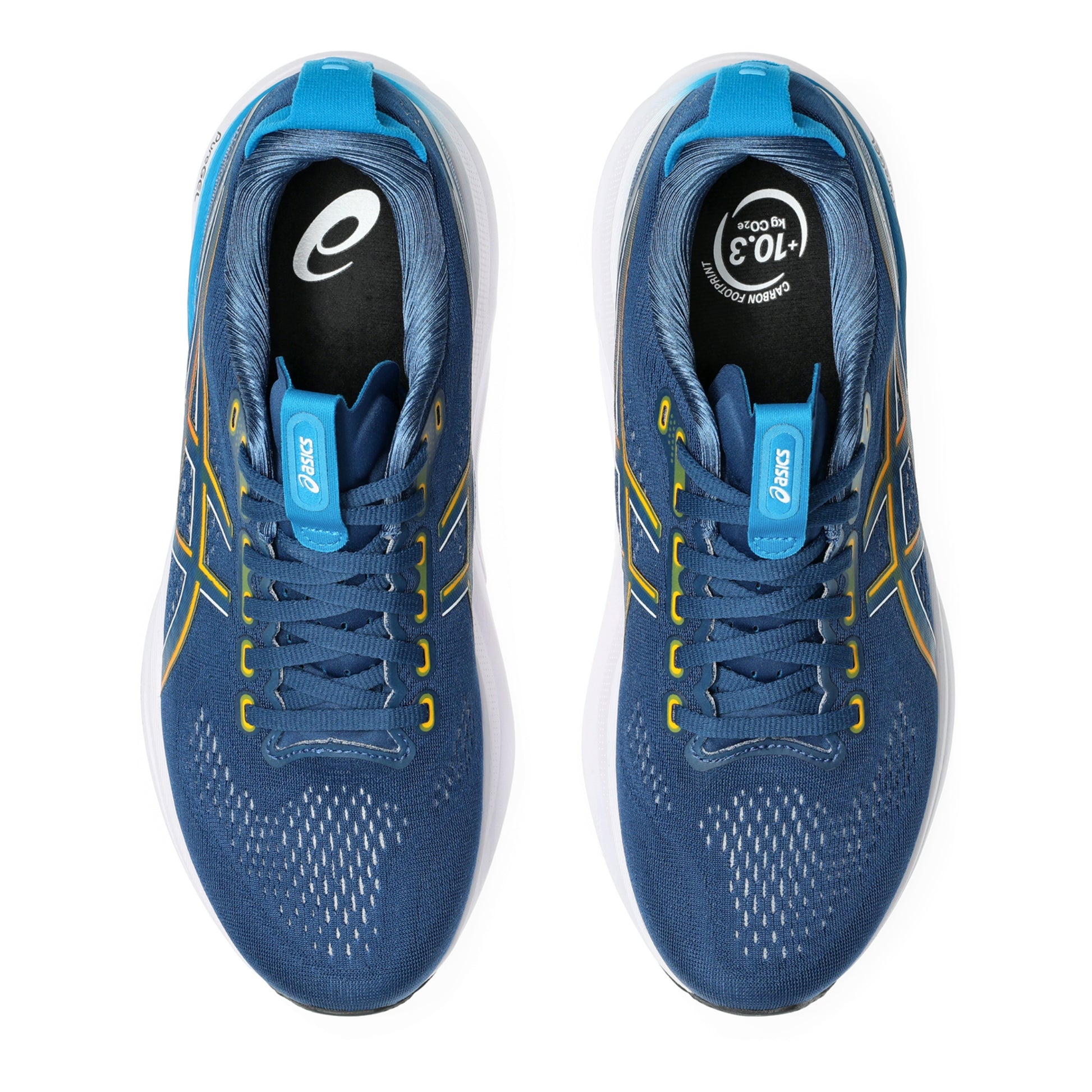 Blue running shoes with yellow accents on a white background