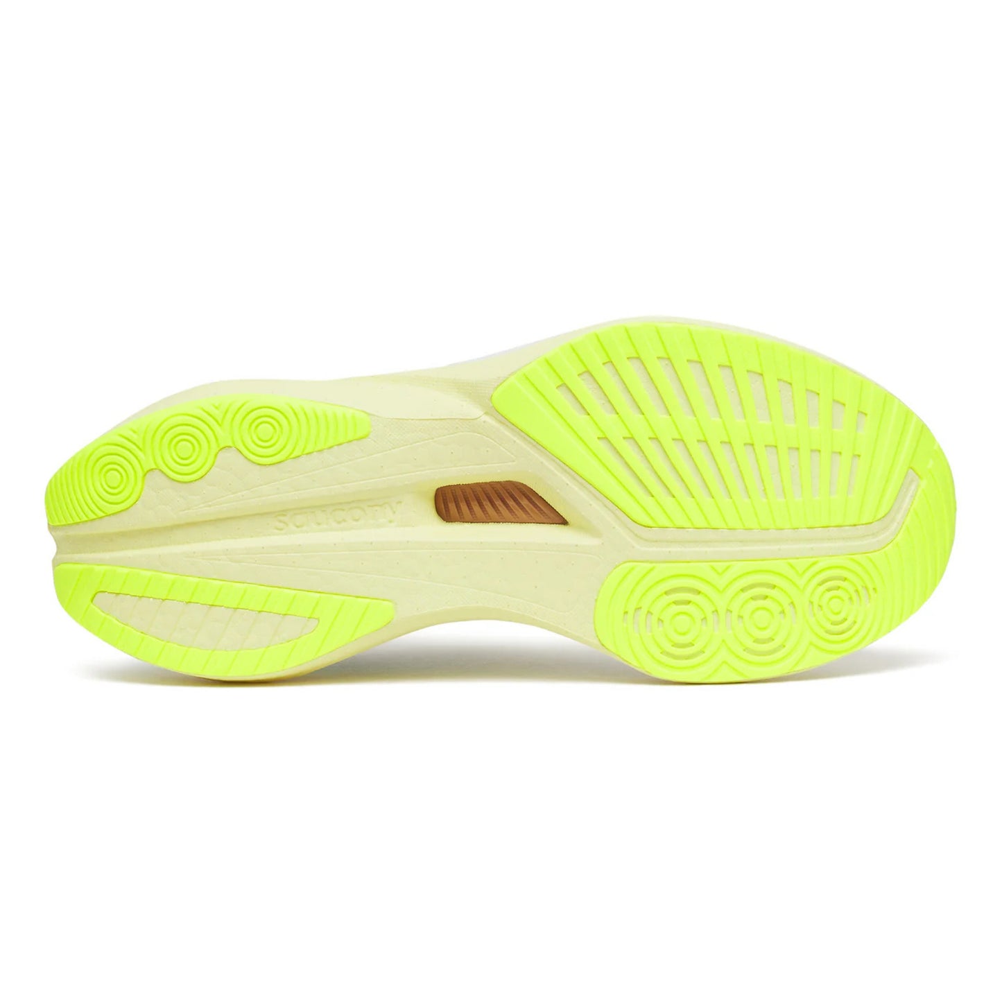 Close-up of a Saucony running shoe sole with bright yellow and beige color on a white background