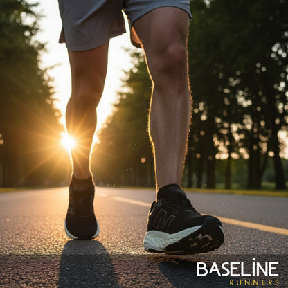 Person running on a road with sunset in the background, wearing black running shoes.