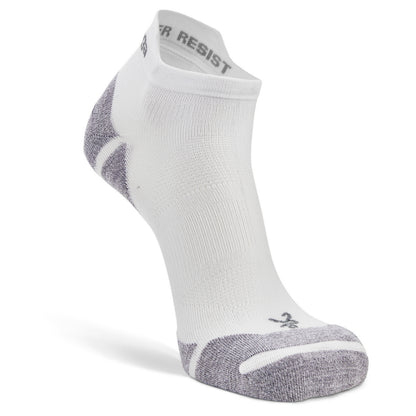A single low-cut athletic sock in white with gray textured accents on the heel, toe, and sole, shown on a clean white background.