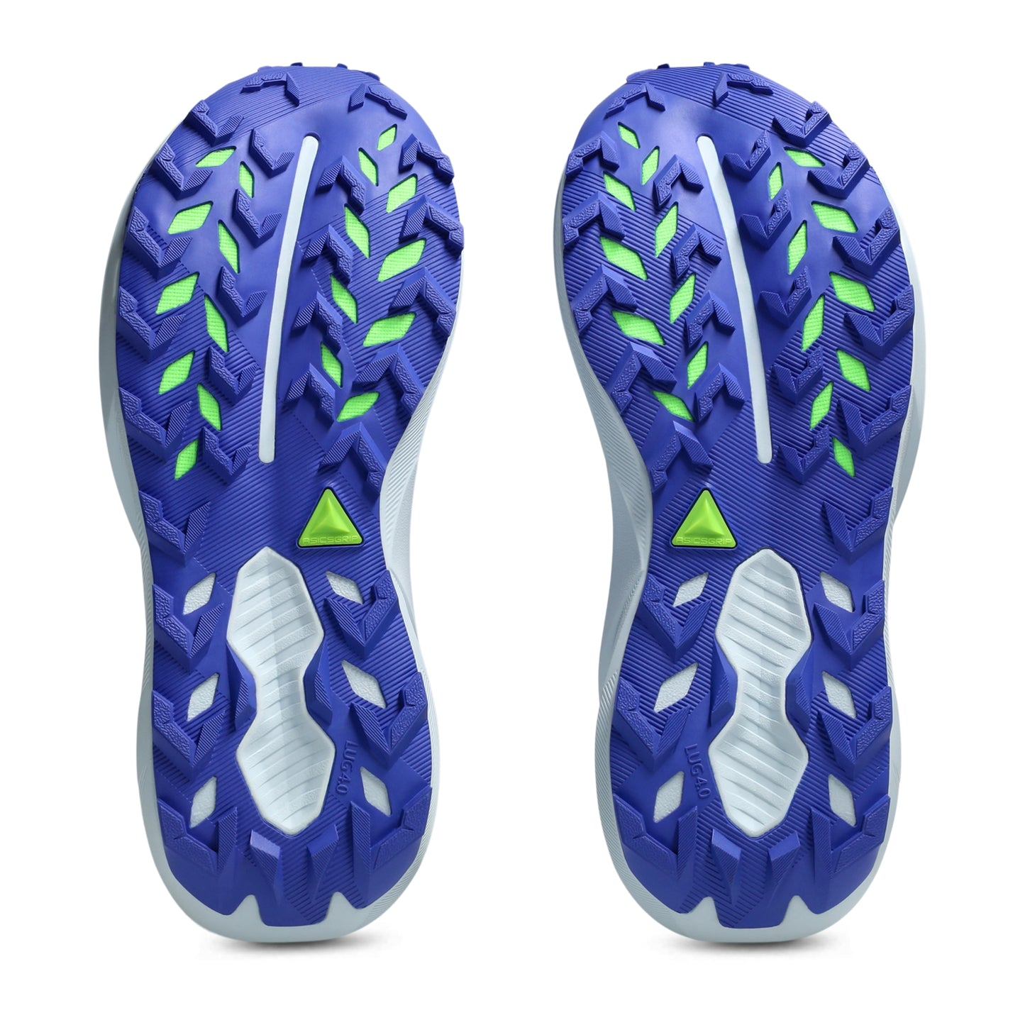 Blue Asics shoe sole with green accents on a white background