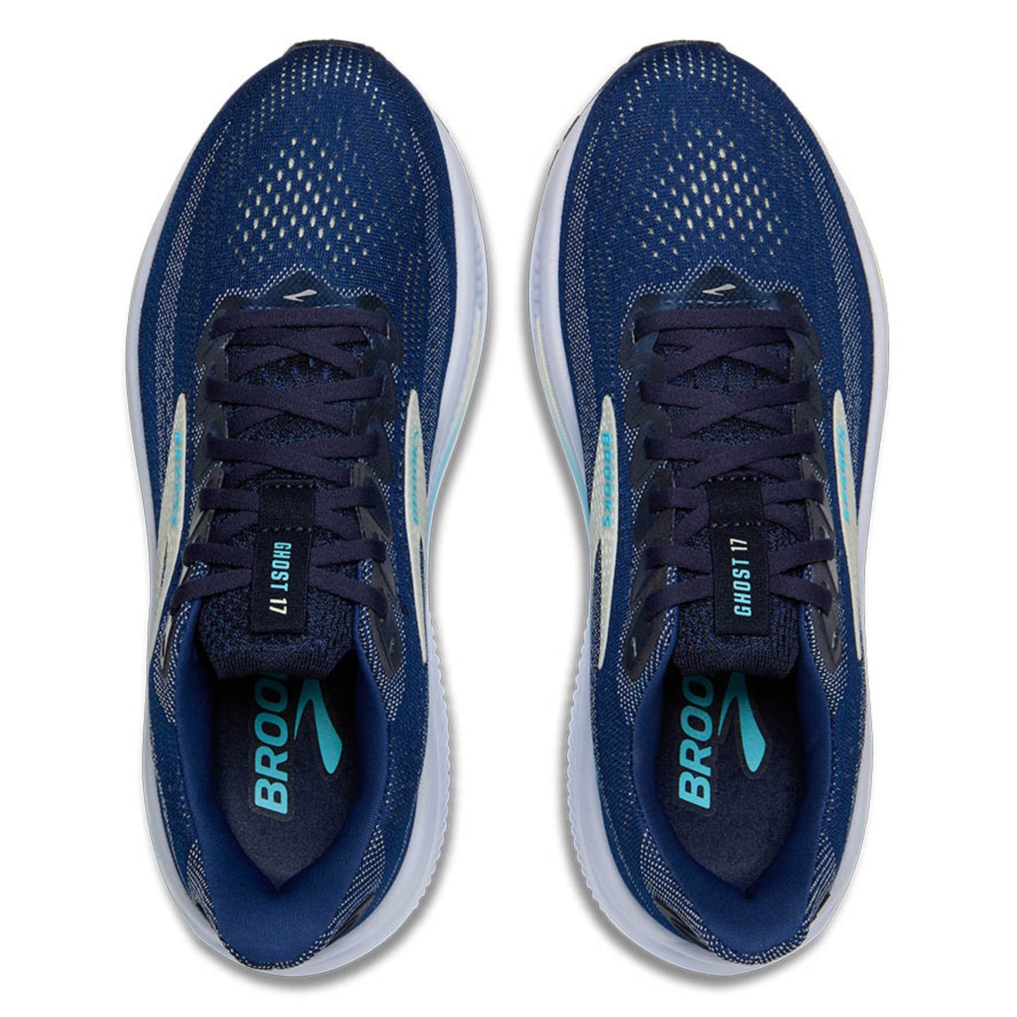 Pair of blue Brooks running shoes with white soles on a white background