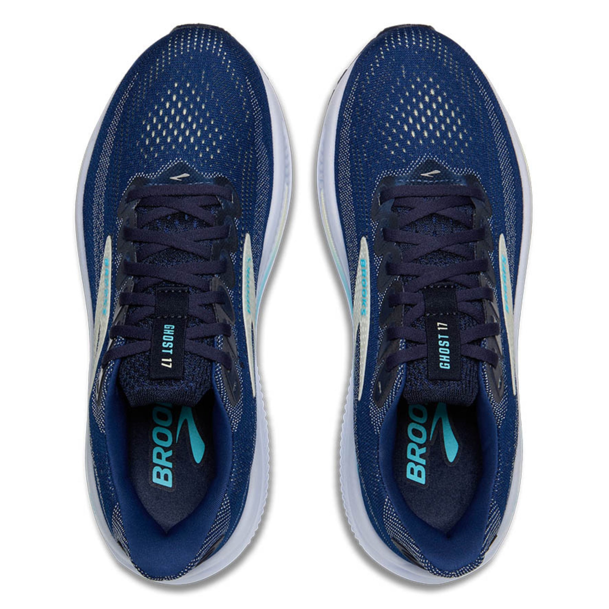 Pair of blue Brooks running shoes with white soles on a white background