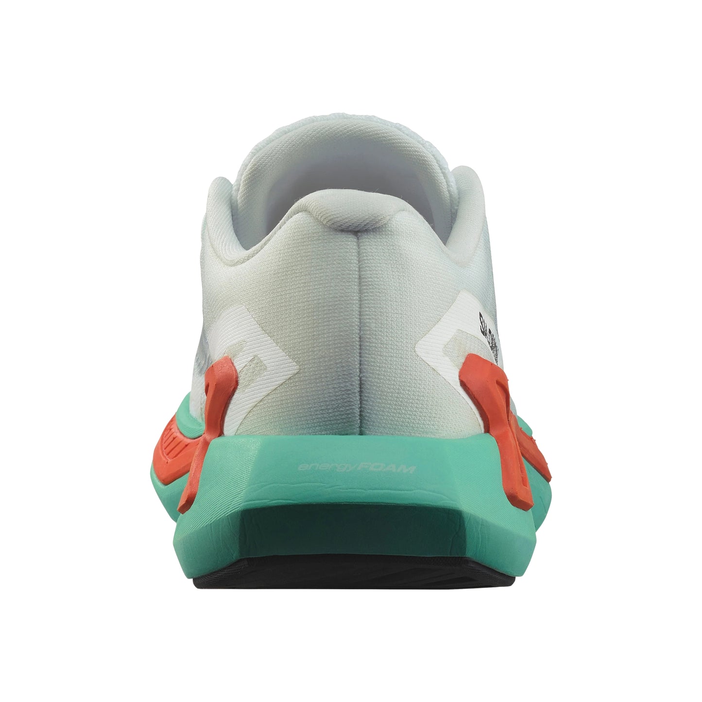 Back view of a light gray Salomon running shoe with teal sole and orange accents on a white background