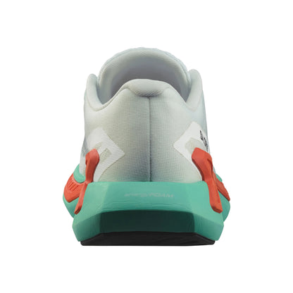 Back view of a light gray Salomon running shoe with teal sole and orange accents on a white background