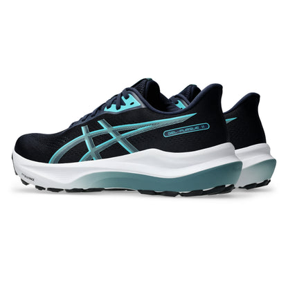 Navy Asics running shoes with Light blue accents on a white background