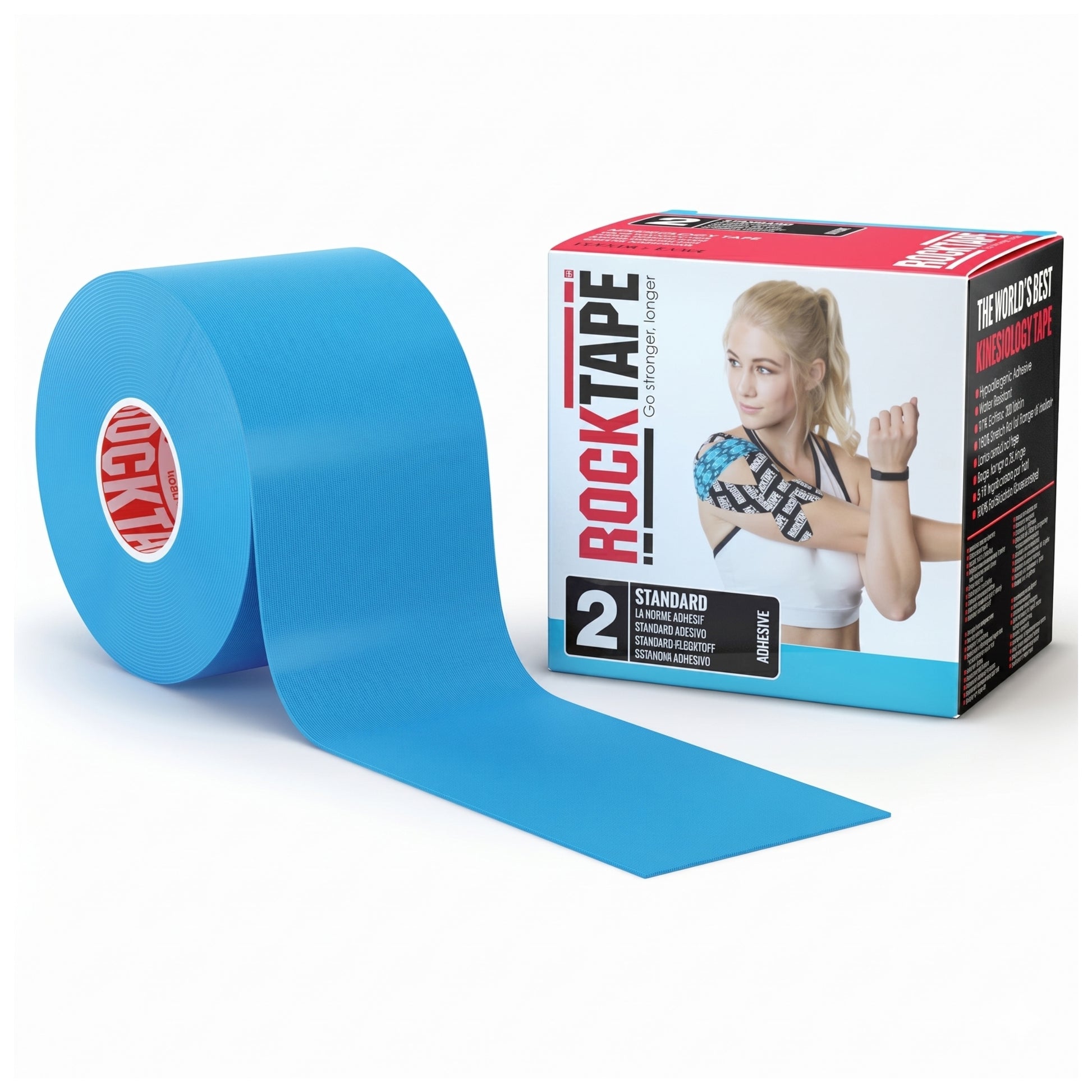 Roll of blue kinesiology tape with RockTape packaging on a white background