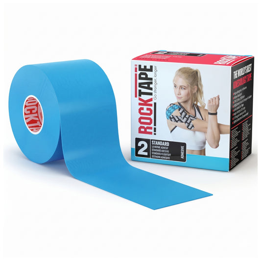 Roll of blue kinesiology tape with RockTape packaging on a white background