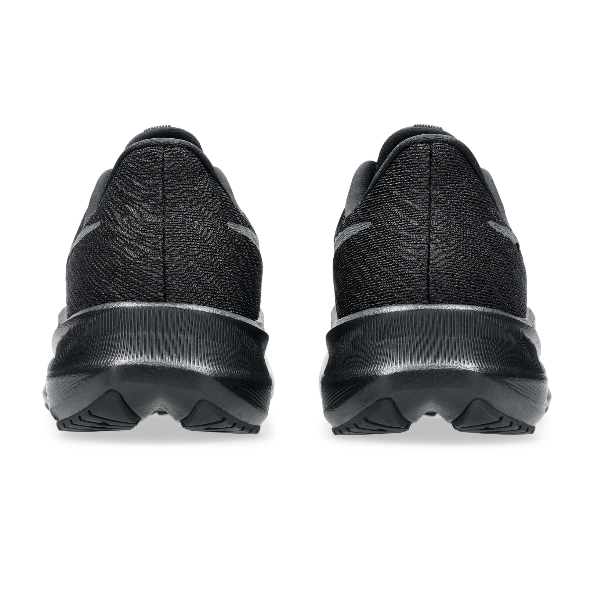 Black Asics running shoes with a white sole on a white background