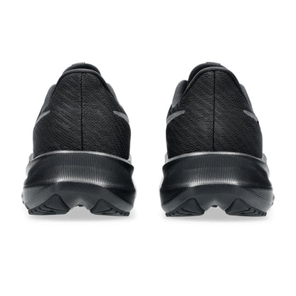 Black Asics running shoes with a white sole on a white background