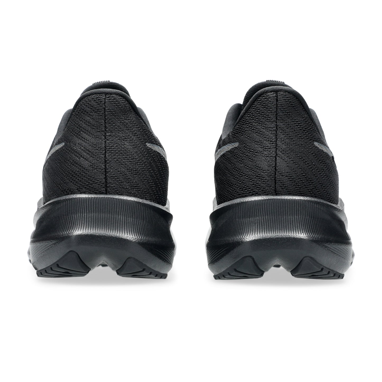 Black Asics running shoes with a white sole on a white background