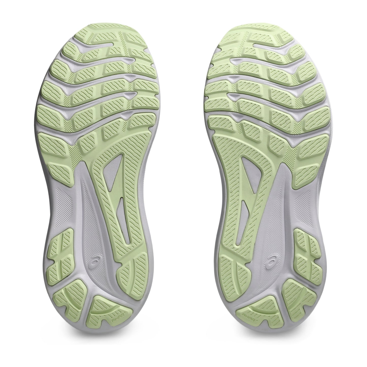 Close-up of a pair of green and gray athletic shoes on a white background