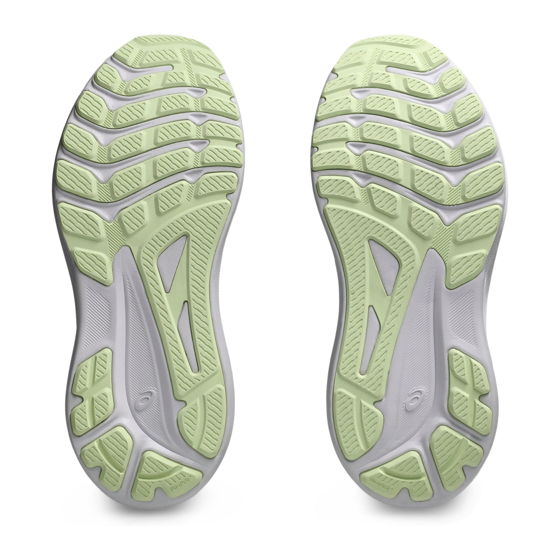 Close-up of a pair of green and gray athletic shoes on a white background