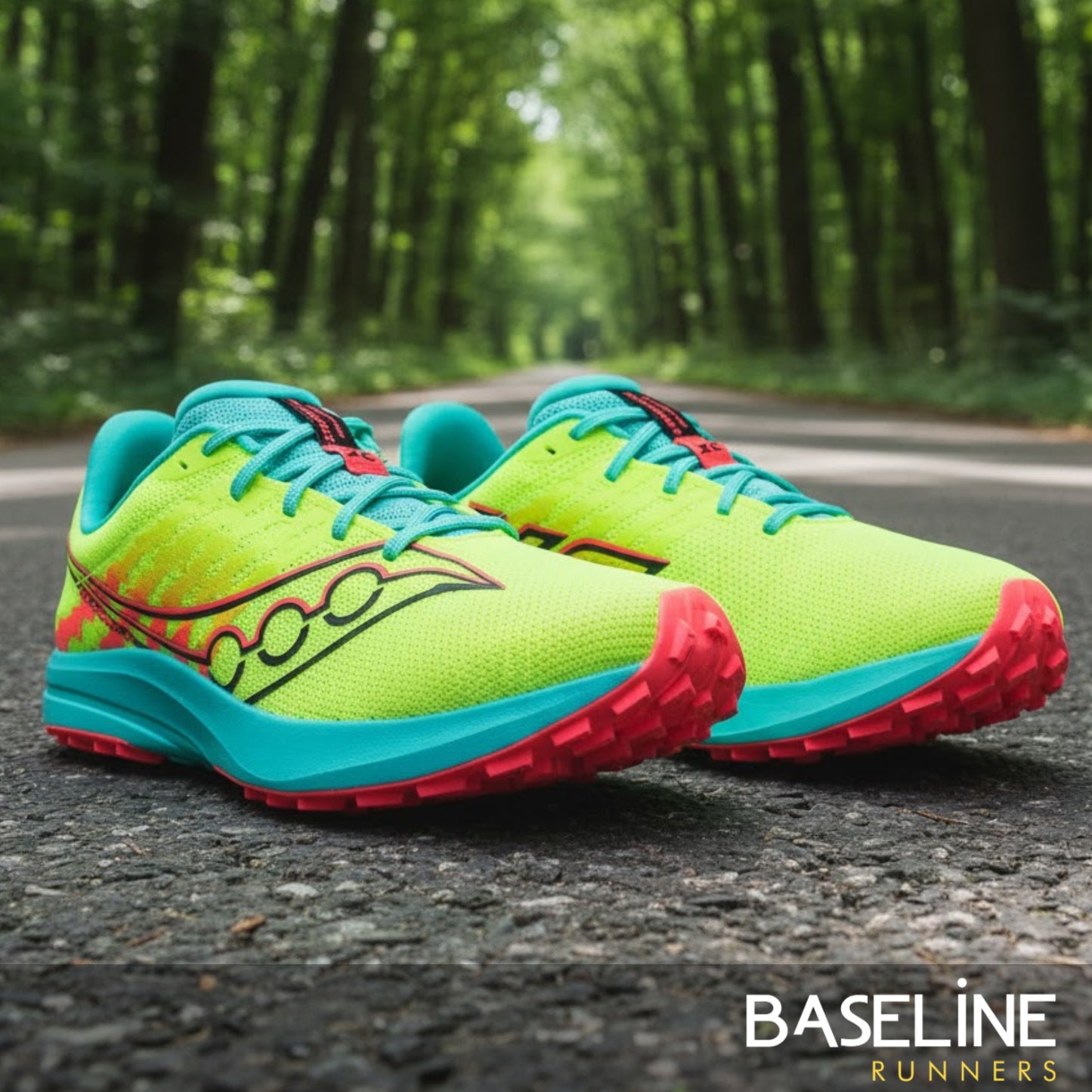 Colorful running shoes on a road with a forest background, featuring the 'Baseline Runners' brand.