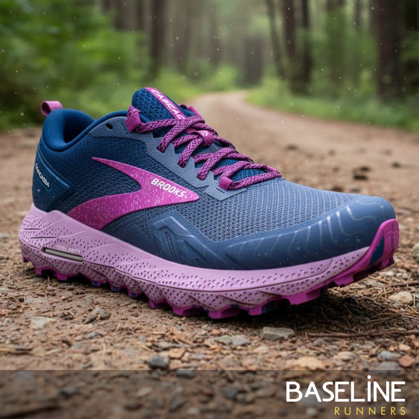 Blue and pink running shoe on a forest path with 'Baseline Runners' branding.