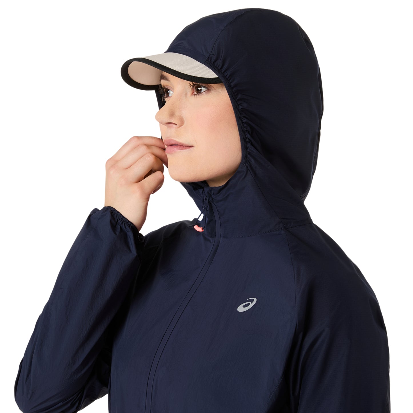Person wearing a jacket with a hoodie on a white background 