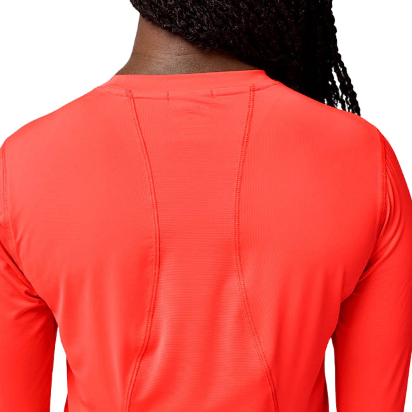 Woman wearing a orange long sleeve shirt on a white background
