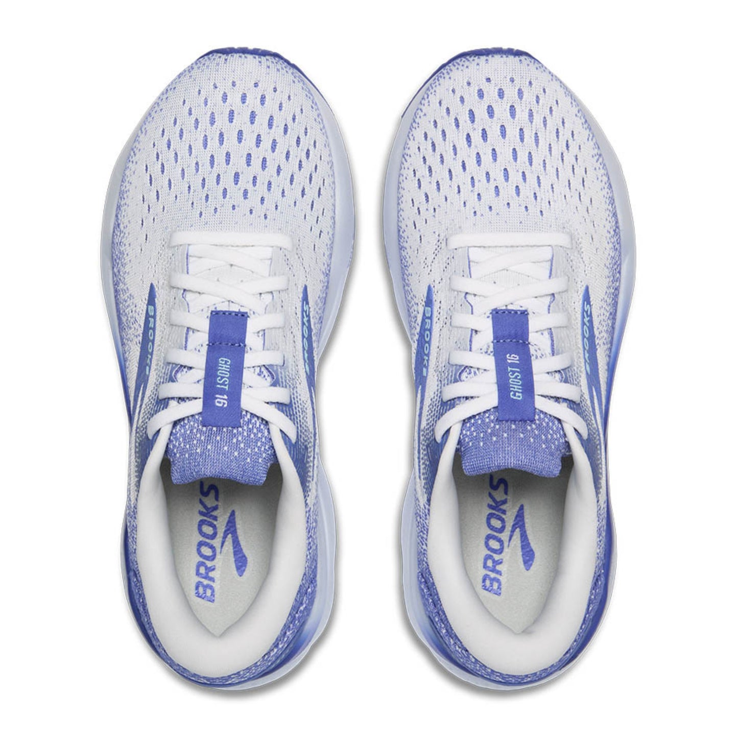 White and white running shoes with blue accents on a white background