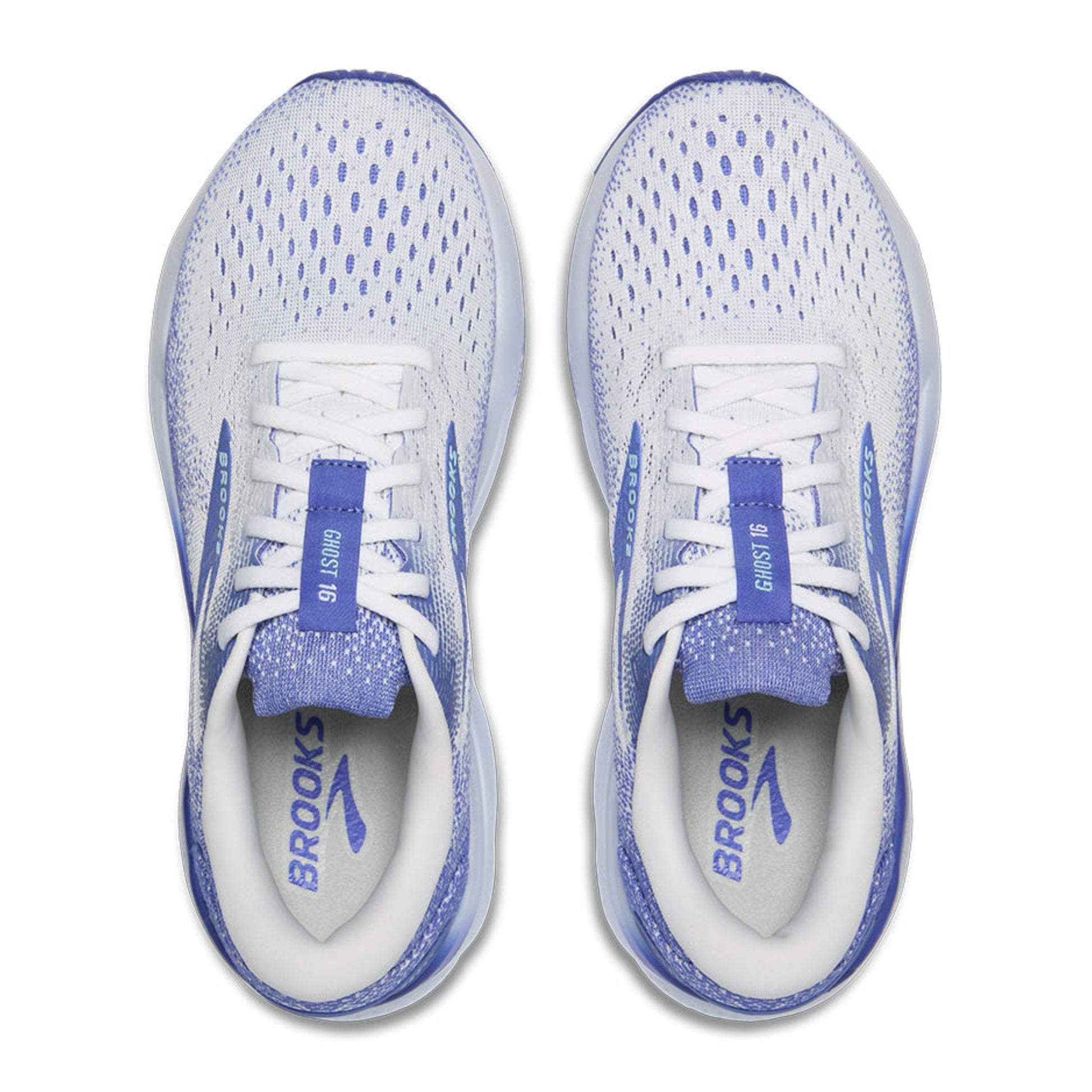 White and white running shoes with blue accents on a white background