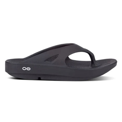Black sandal with 'Oofos' logo on a white background