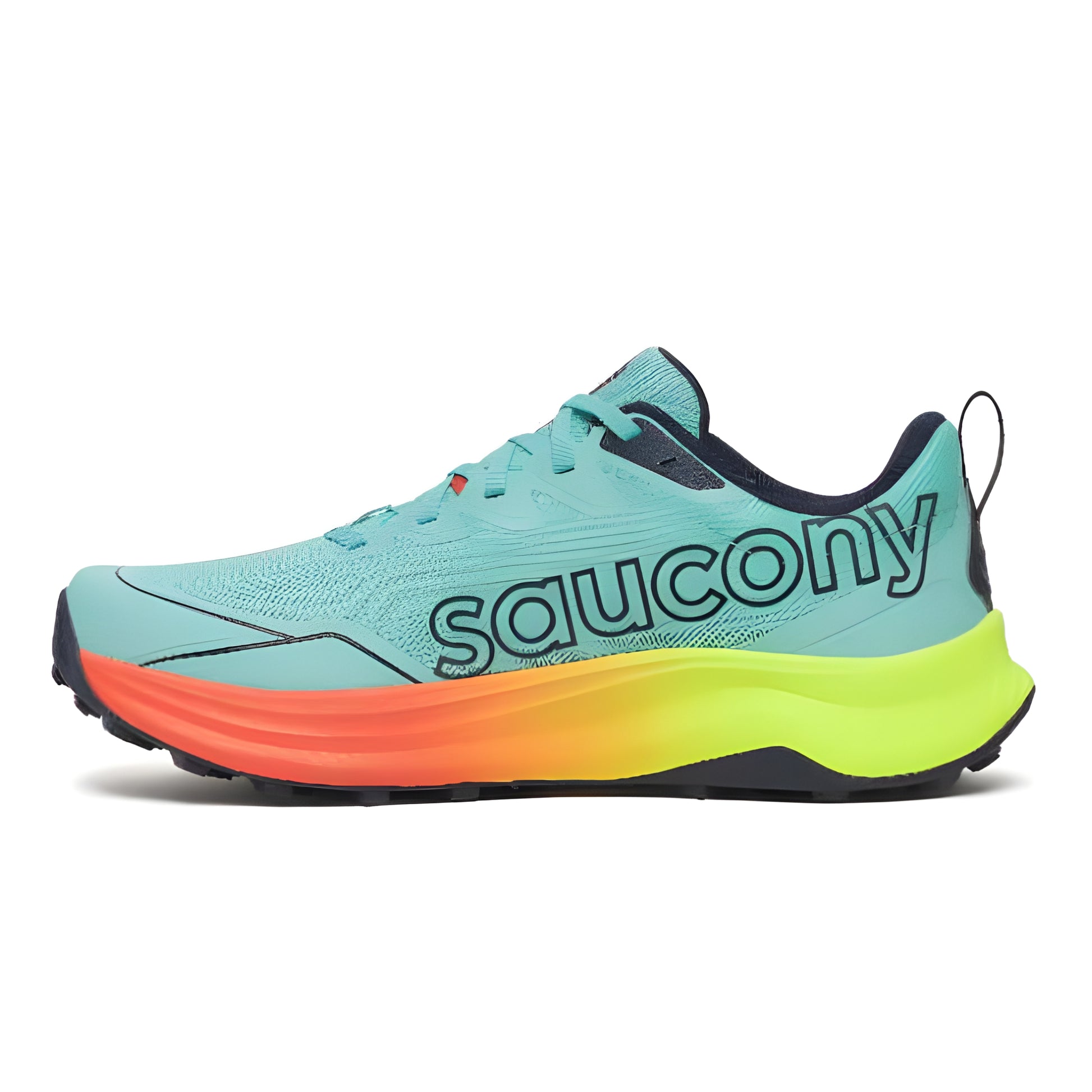 Blue, orange and yellow running shoe with colorful sole on a white background