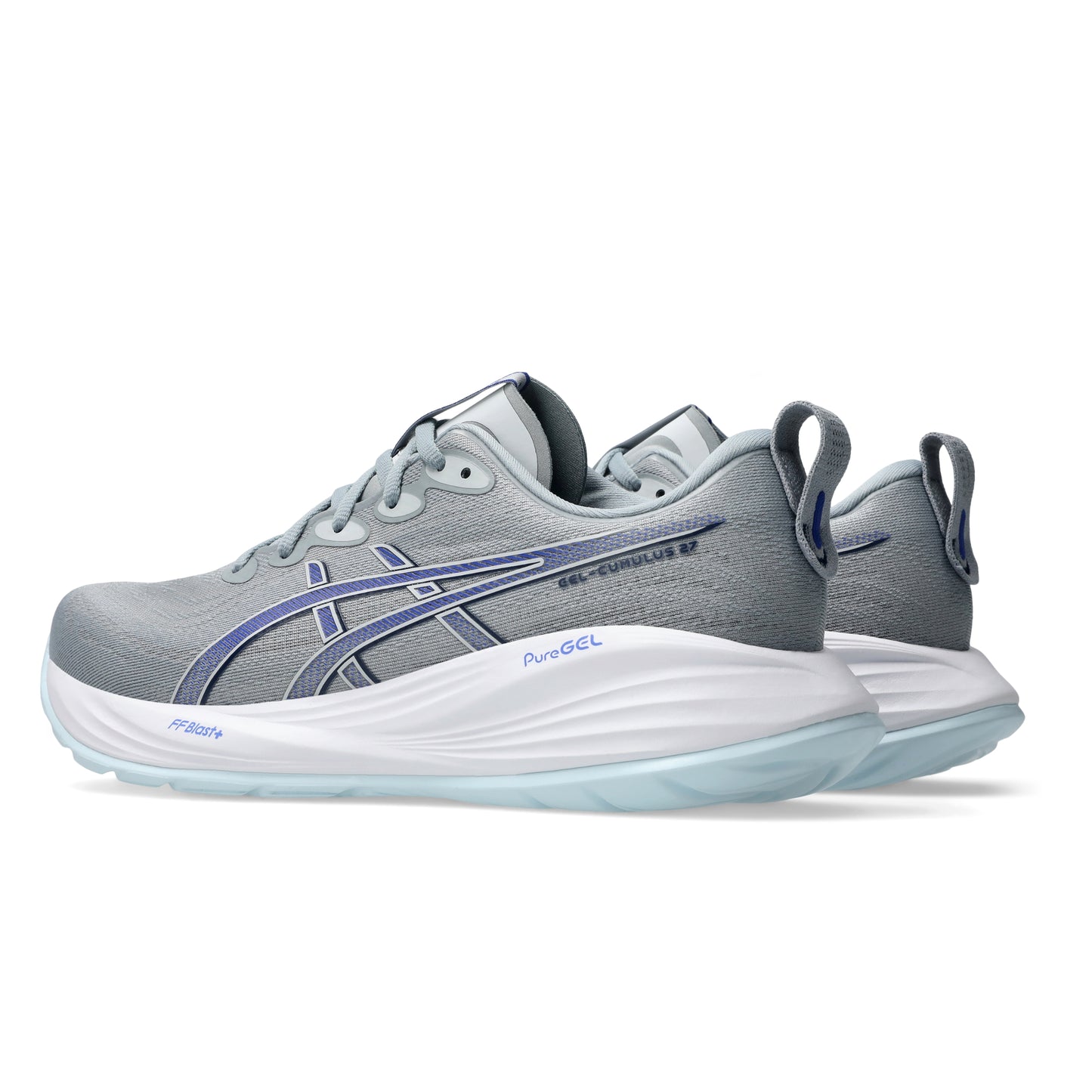 Gray Asics running shoes with blue accents on a white background