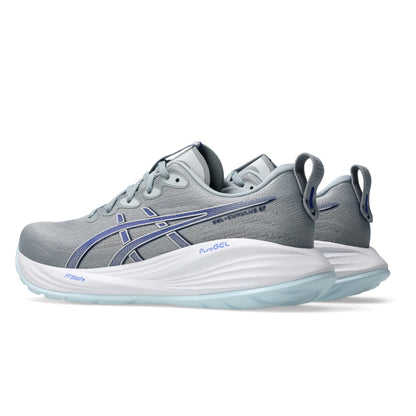 Gray Asics running shoes with blue accents on a white background