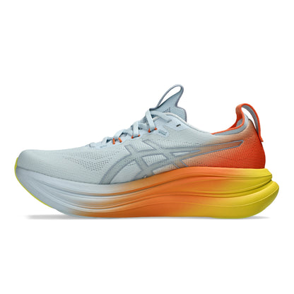 White and orange Asics running shoe with yellow accents on a white background