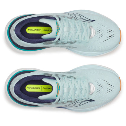 Light blue Saucony running shoe with dark blue accents on a white background