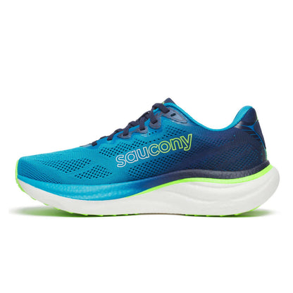 Blue Saucony running shoe with green accents on a white background