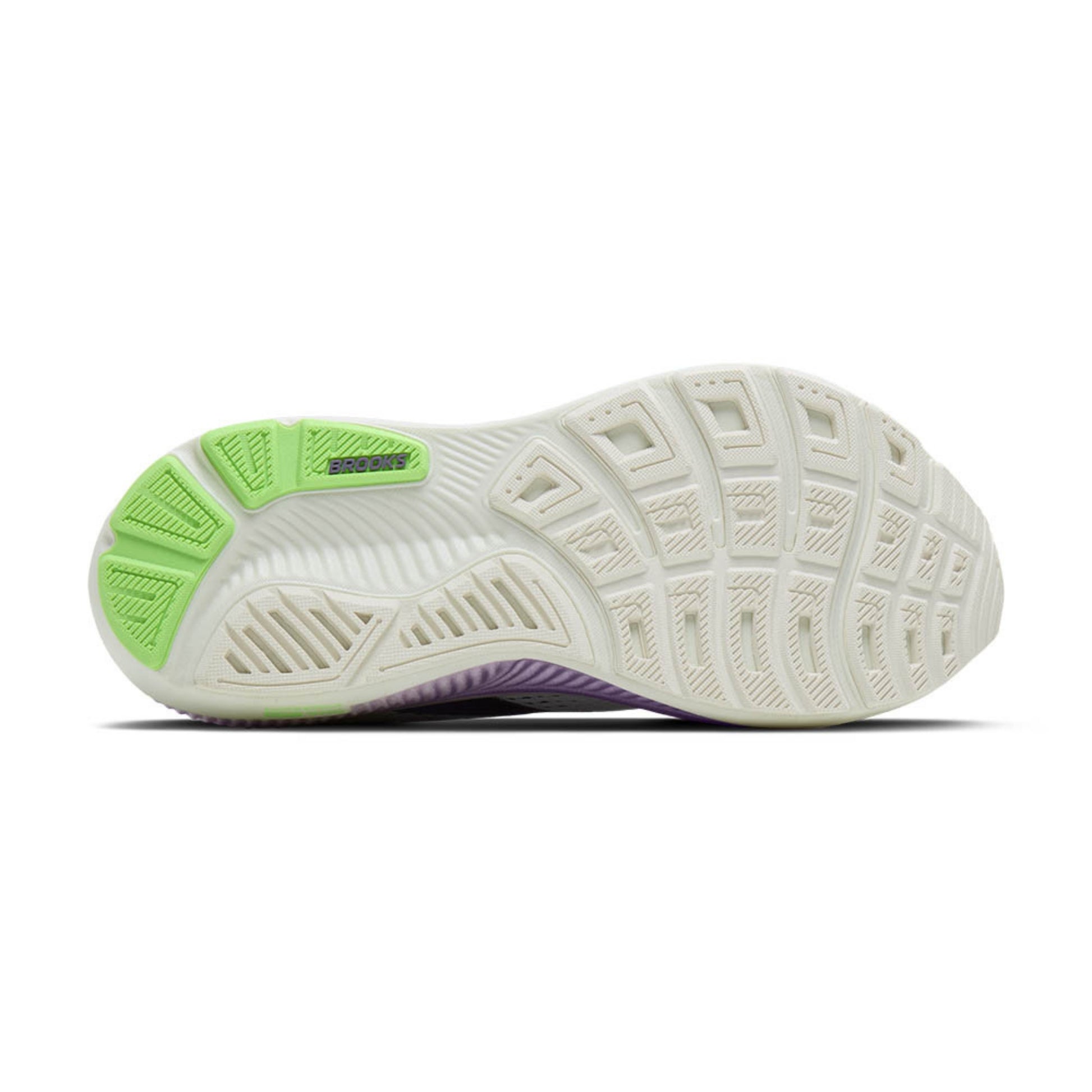 White Brooks running shoe sole with green and a tread pattern on a white background