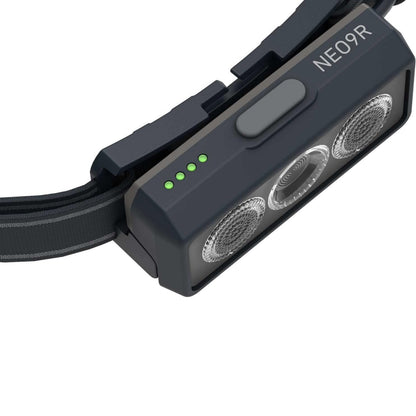 Black headlamp with multiple LED lights on a white background