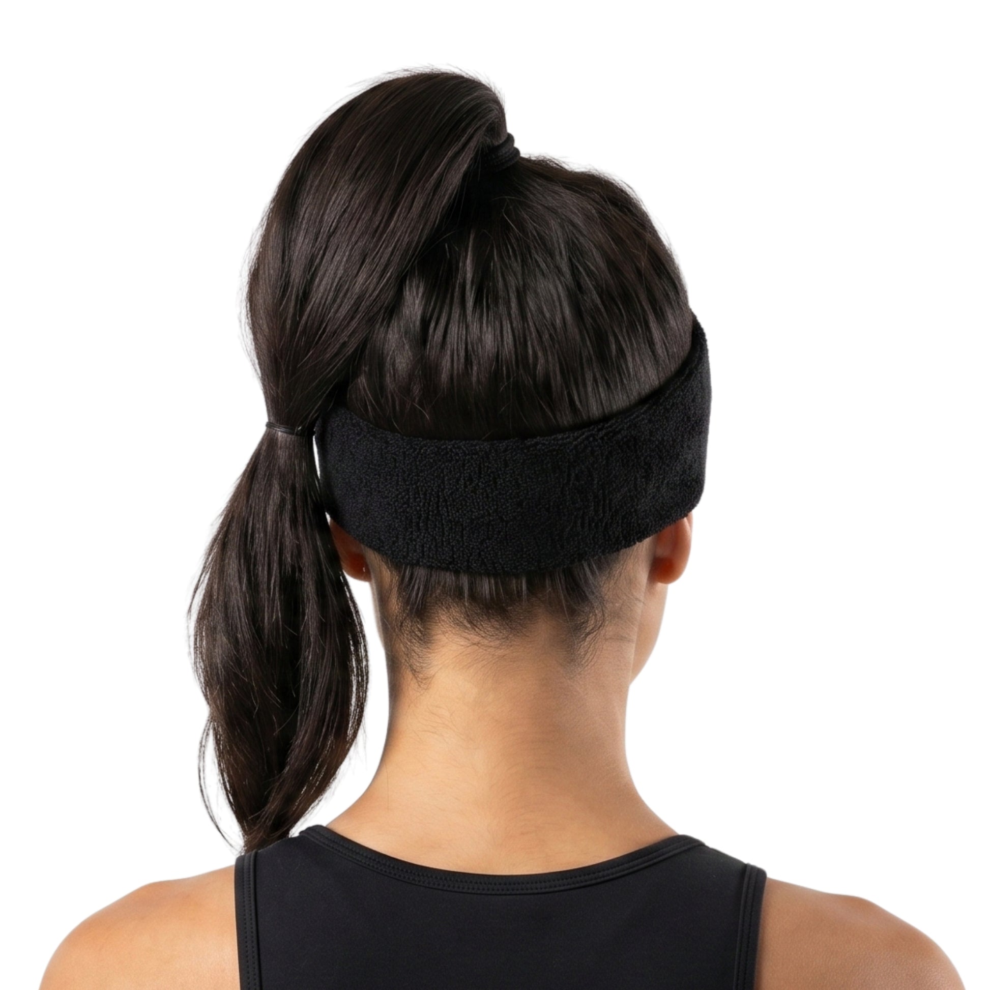 Person wearing a black headband with a ponytail on a white background