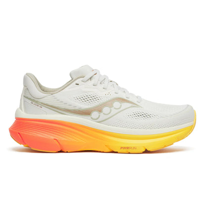 White Saucony running shoe with orange and yellow sole on a white background