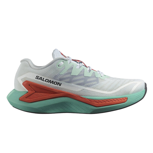 Salomon running shoe with white, red, and green design on a white background