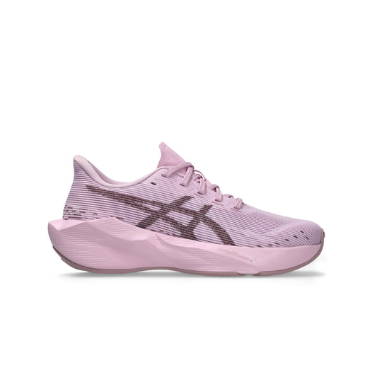 A single ASICS running shoe in light pink with a dark brown logo on the side, shown in profile against a plain white background.