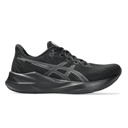 Black Asics running shoe with a prominent brand logo on a white background