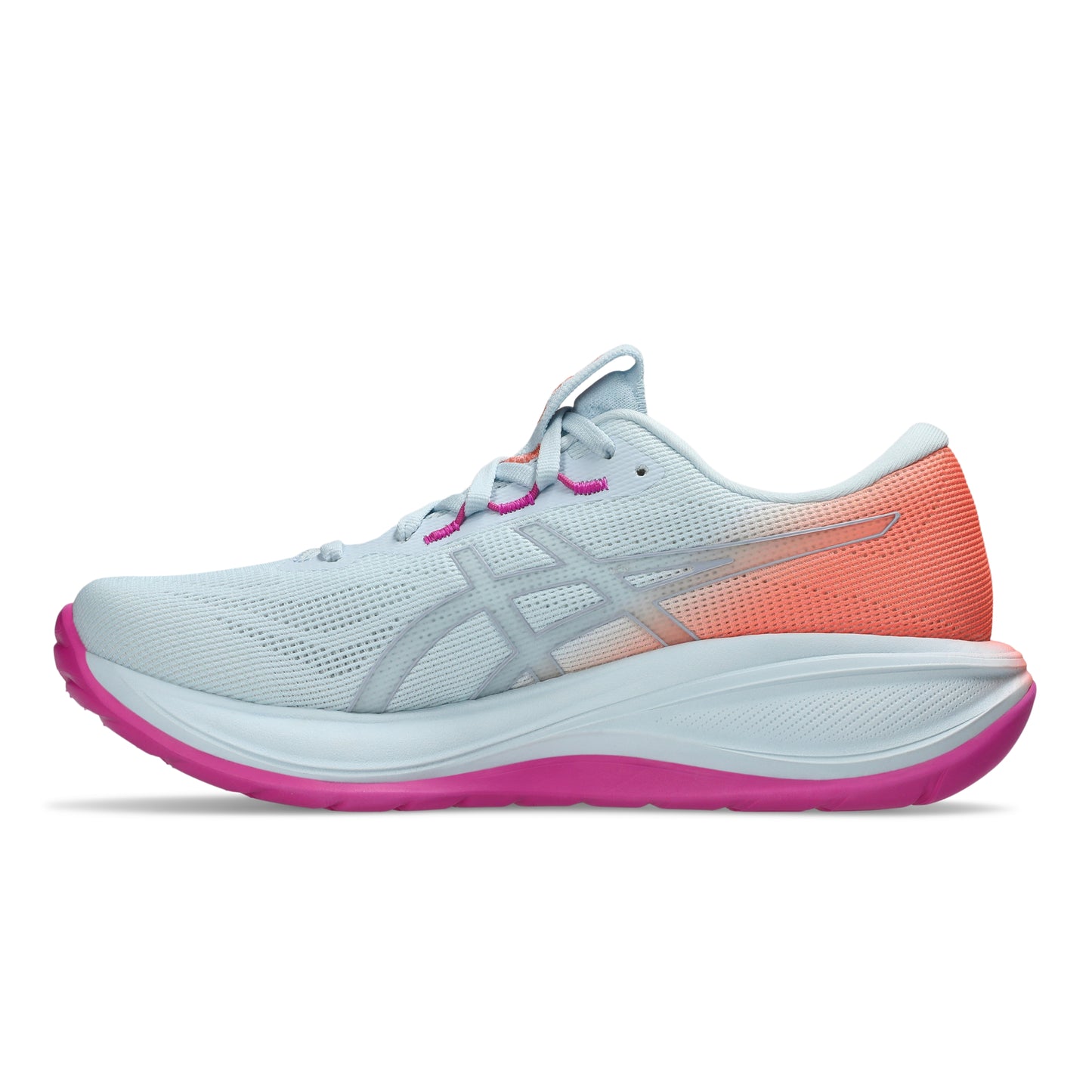 Light blue Asics running shoe with pink and orange sole on a white background