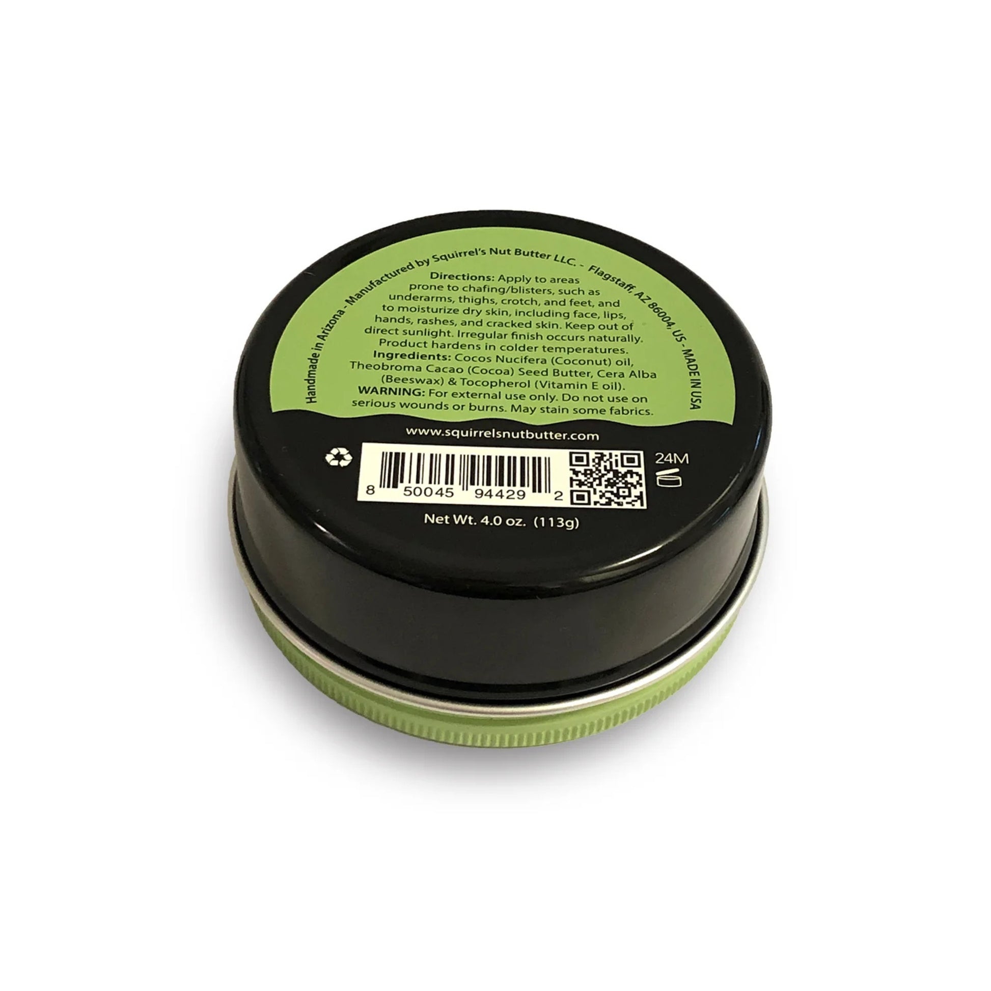 Black jar with green lid and packaging info on a white background