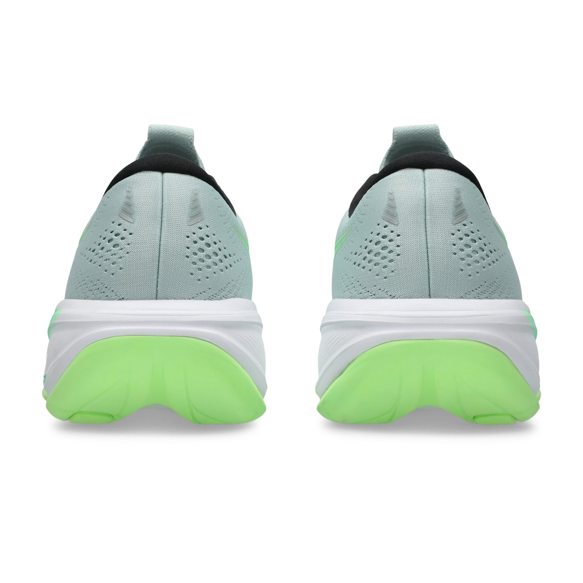 Back view of light blue Asics running shoes with green sole on a white background