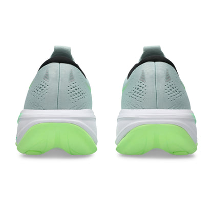 Back view of light blue Asics running shoes with green sole on a white background