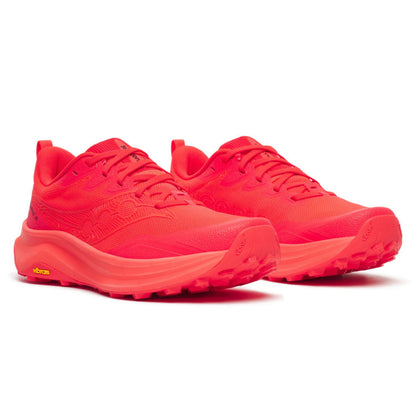 Pair of red Saucony running shoes on a white background