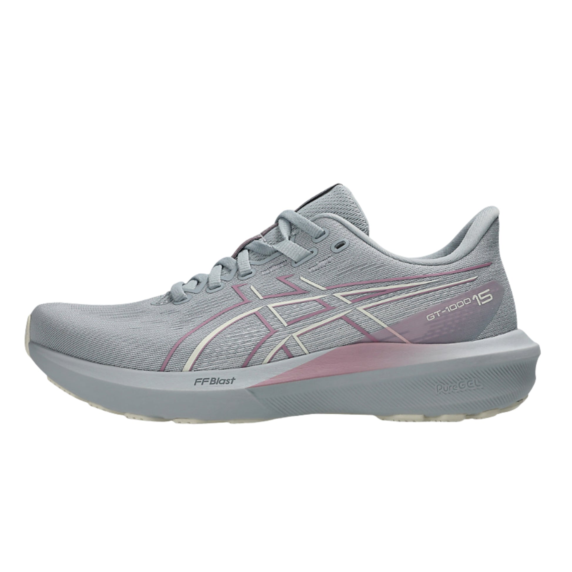 Gray Asics running shoe with pink accents on a white background
