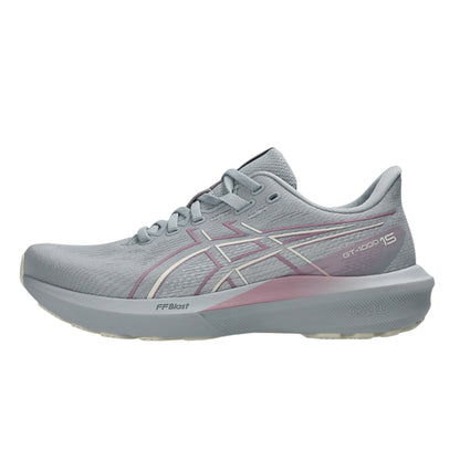 Gray Asics running shoe with pink accents on a white background