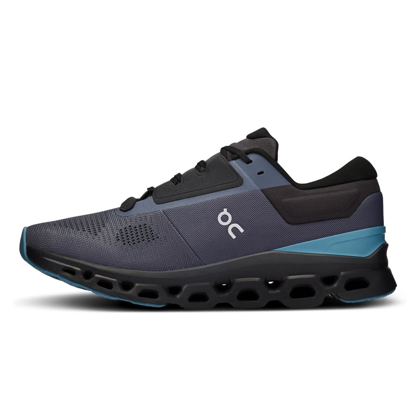 Gray and black running shoe with blue accent on a white background